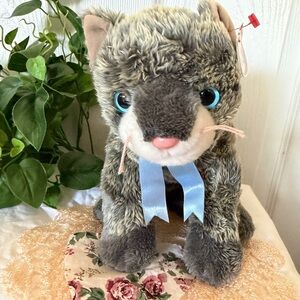 Vintage Gray Plush Cat with Blue Bow TY